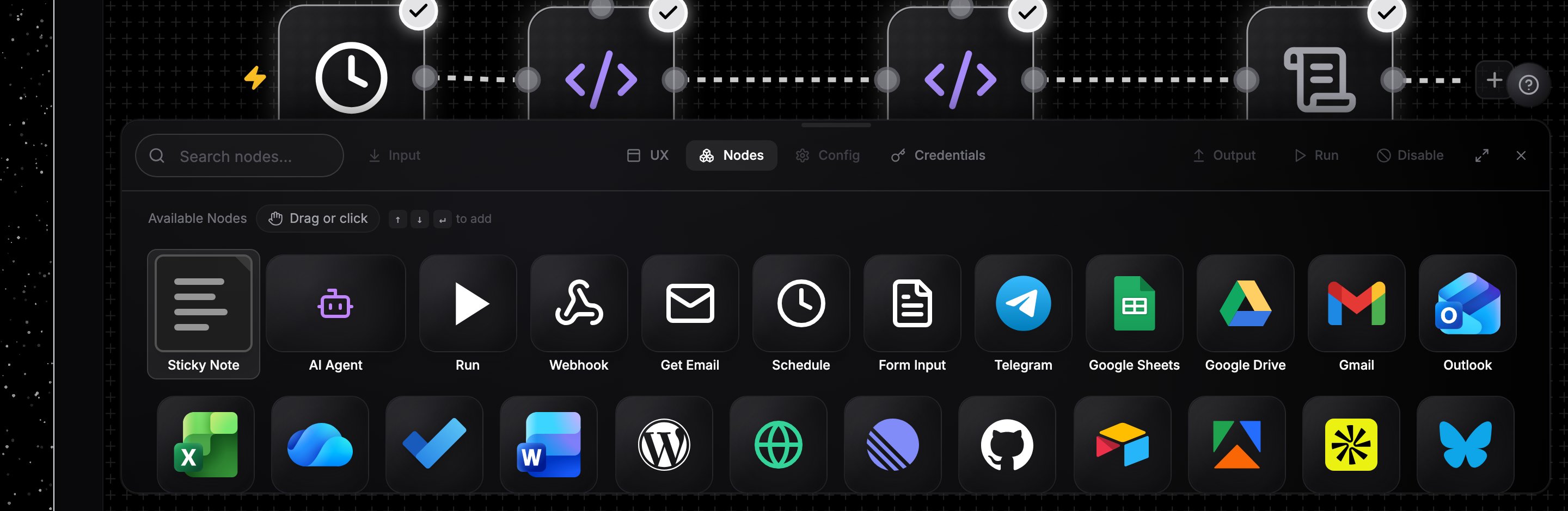Node palette with search and node tiles