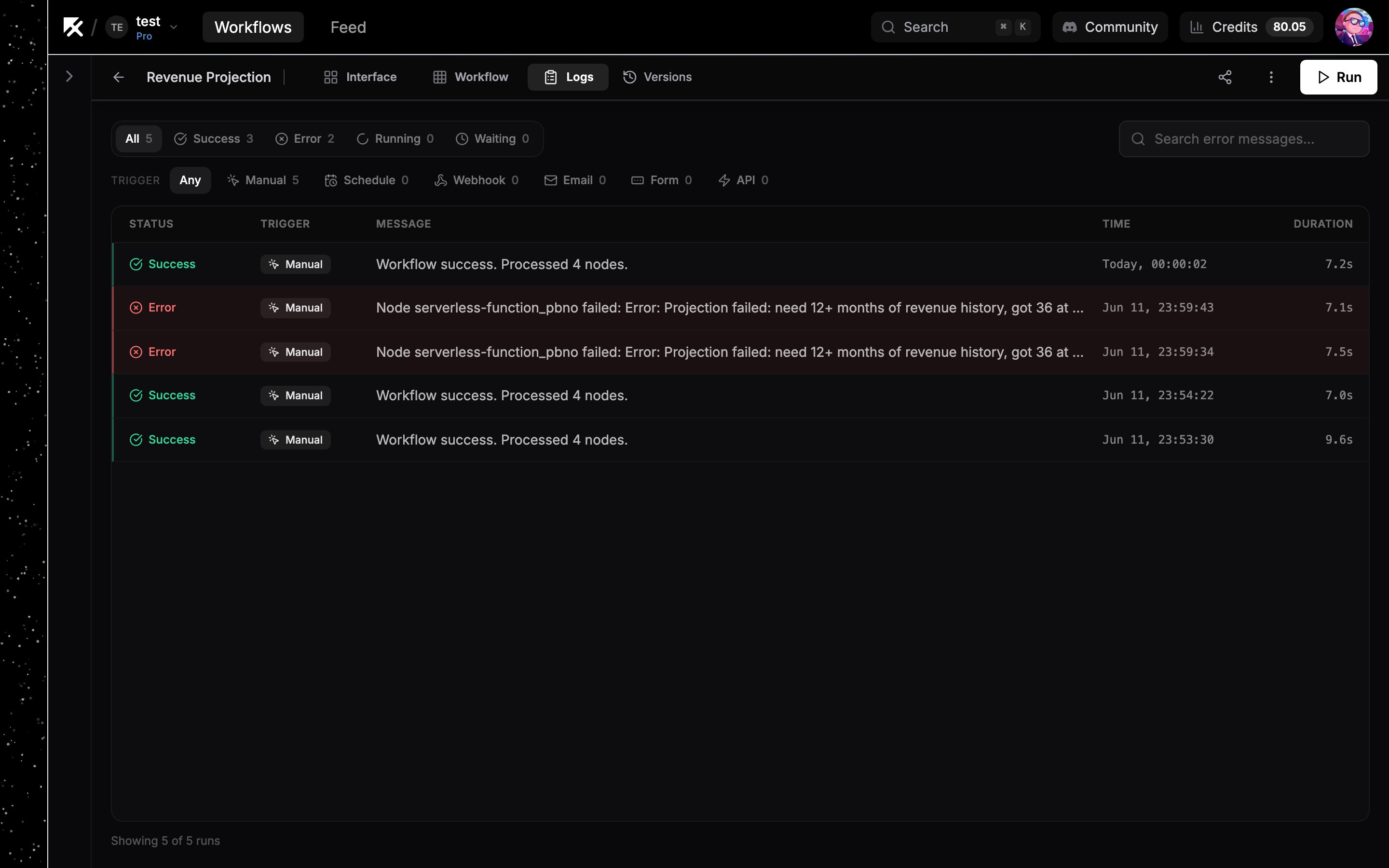 Execution logs list with filters