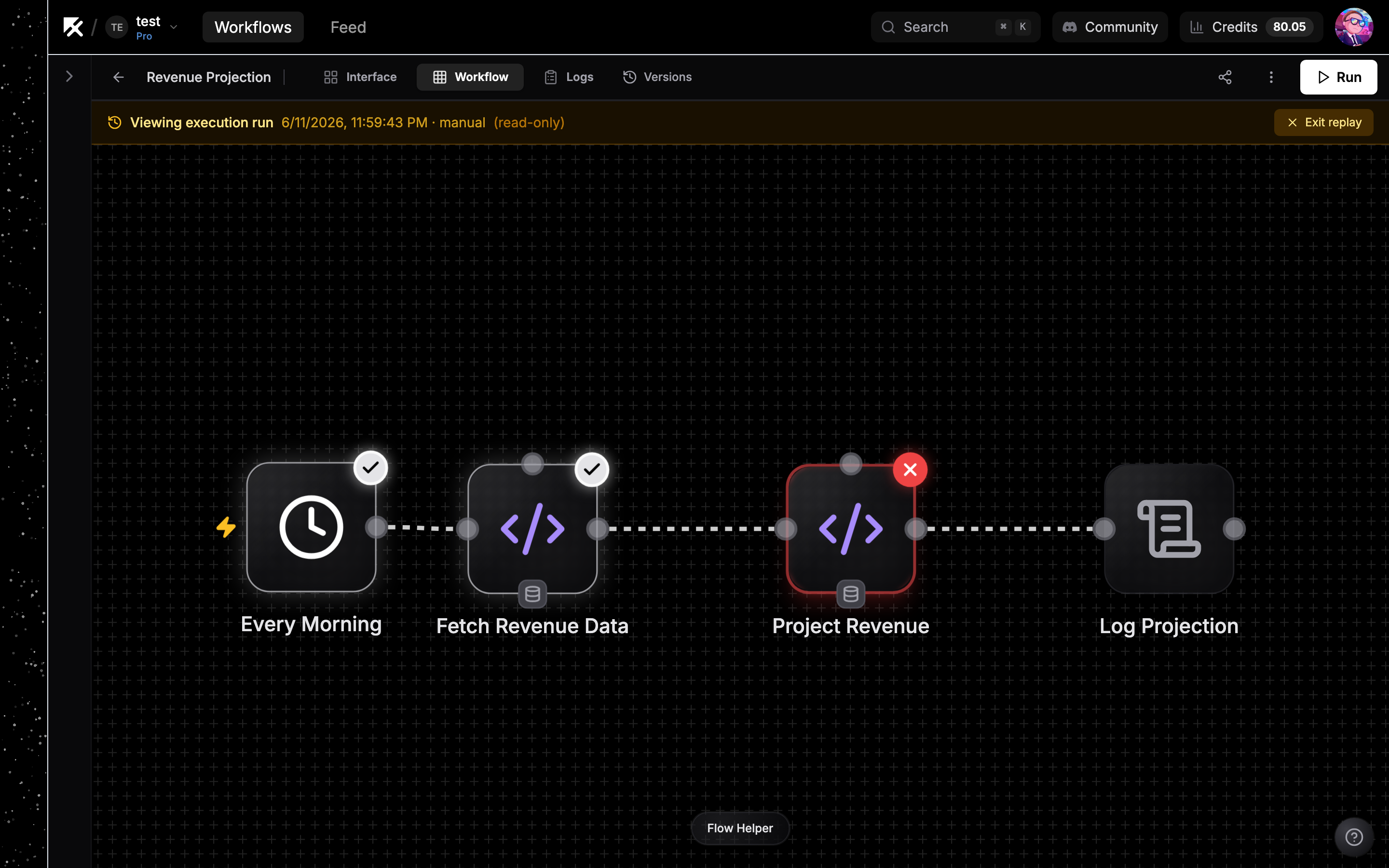 Replay mode with the amber banner and node result rings