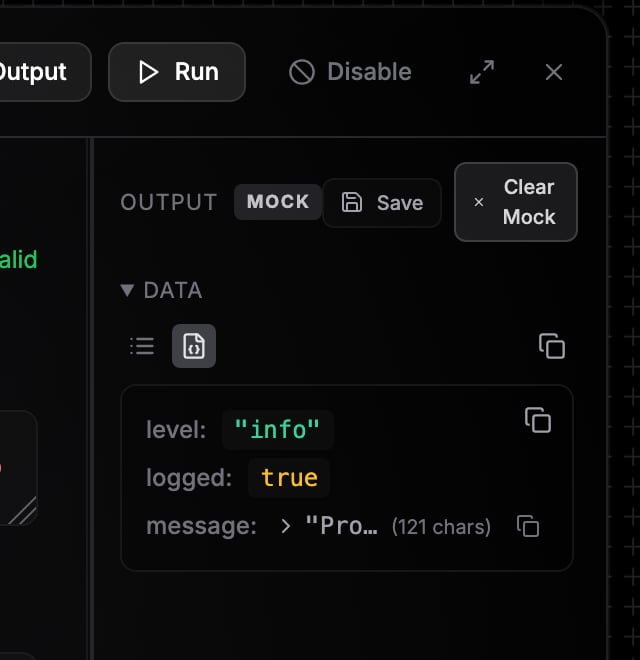 Output panel showing node results