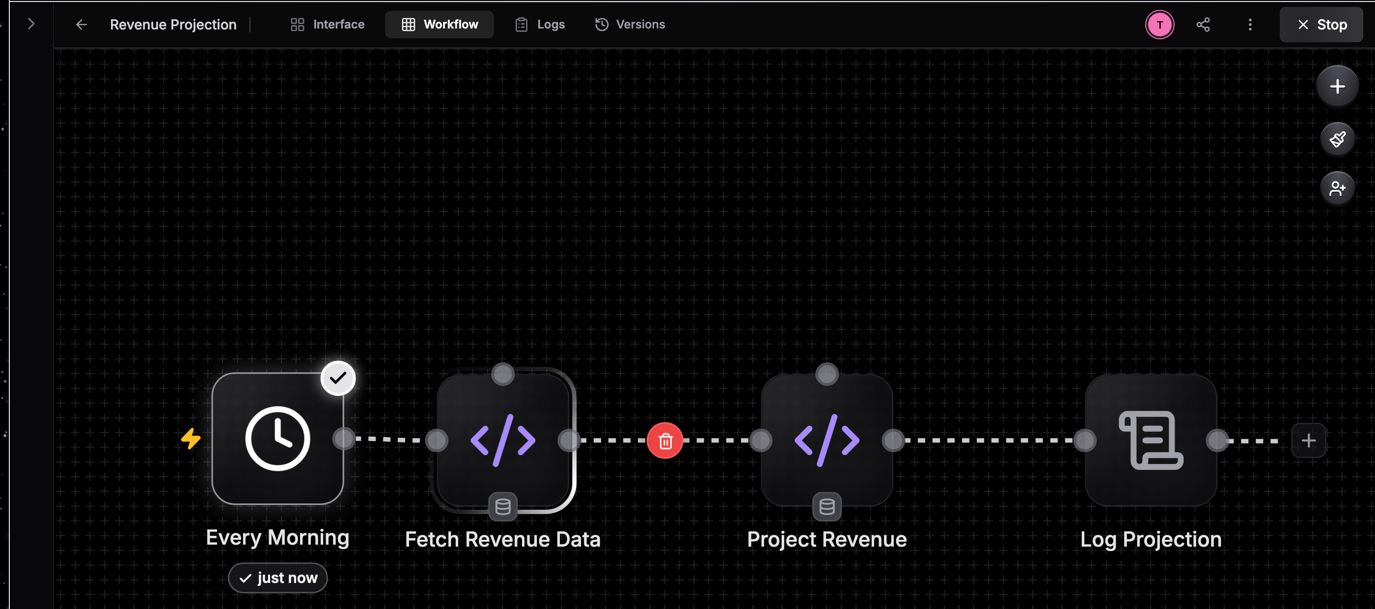 Canvas during a run with execution states