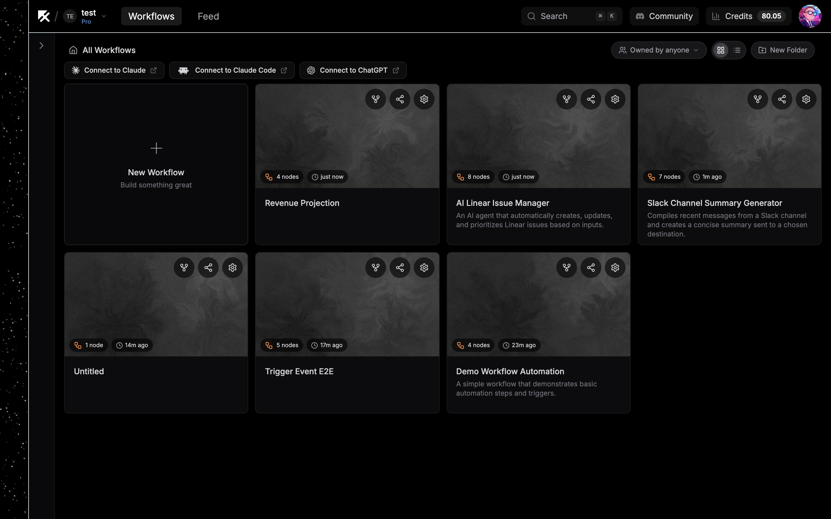 NoClick dashboard showing the workflow list and the New Workflow card