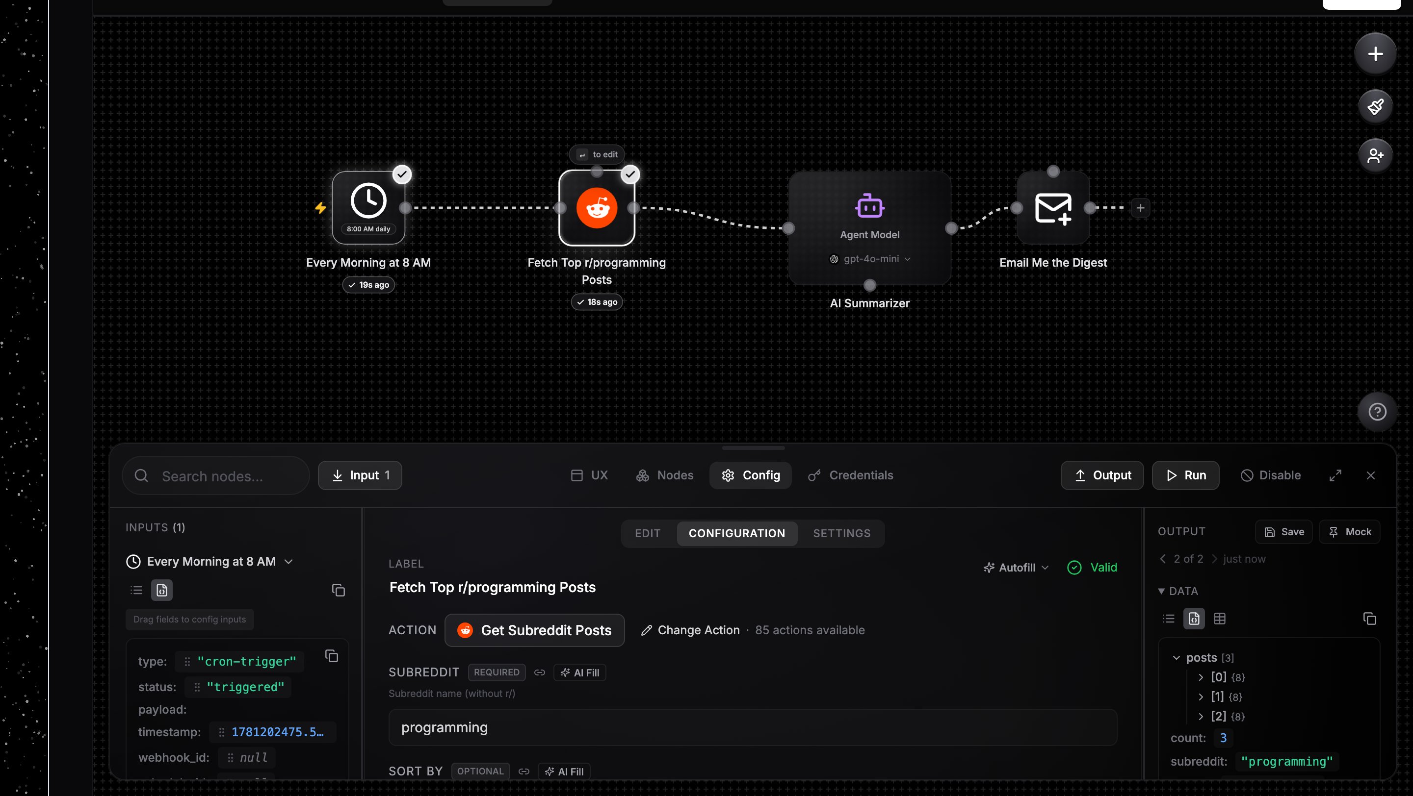 Output panel showing the data a node produced during the run