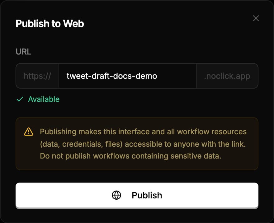 Publish to Web dialog showing the subdomain input and availability check