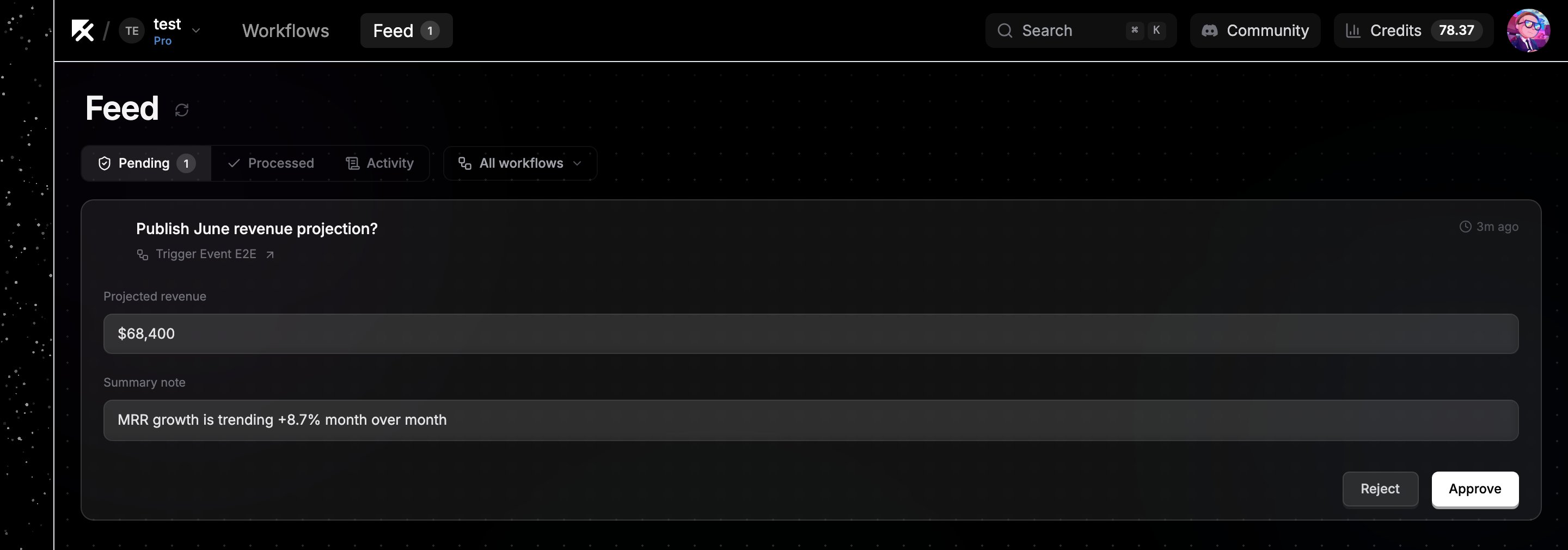 Feed tab showing a pending approval request card