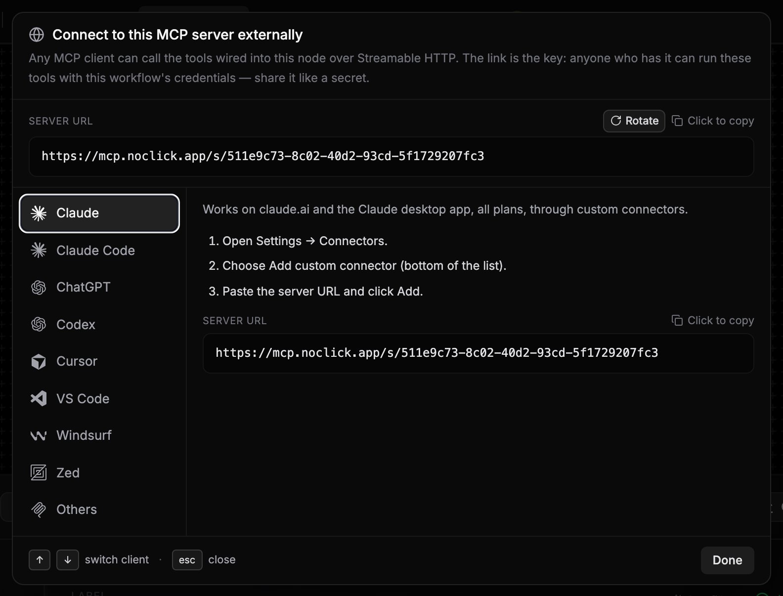 Connect externally dialog showing the hosted MCP server URL
