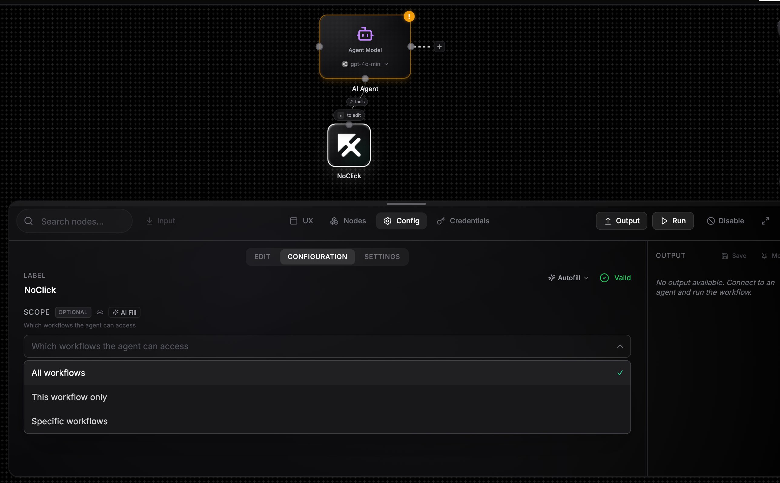 NoClick node wired into an agent with the scope dropdown visible