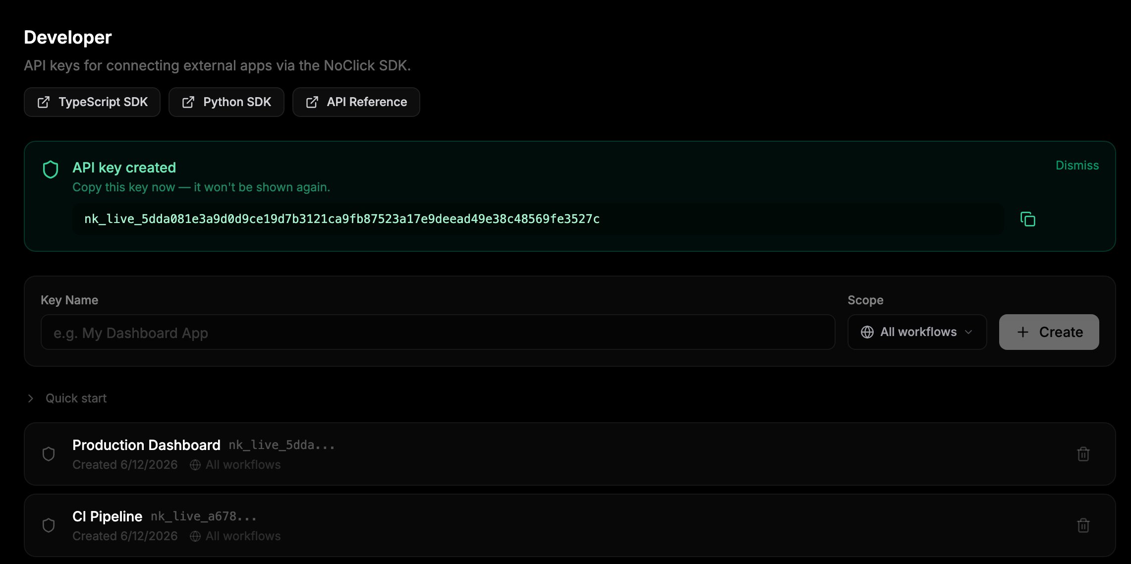 The Developer settings page with the key creation form and key list