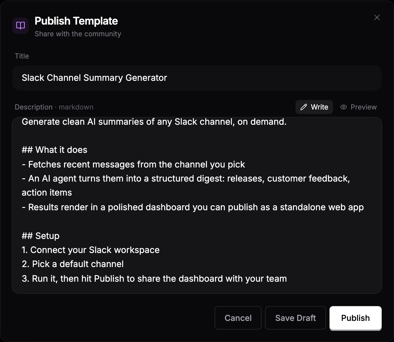 Publish Template dialog showing title field and markdown description editor
