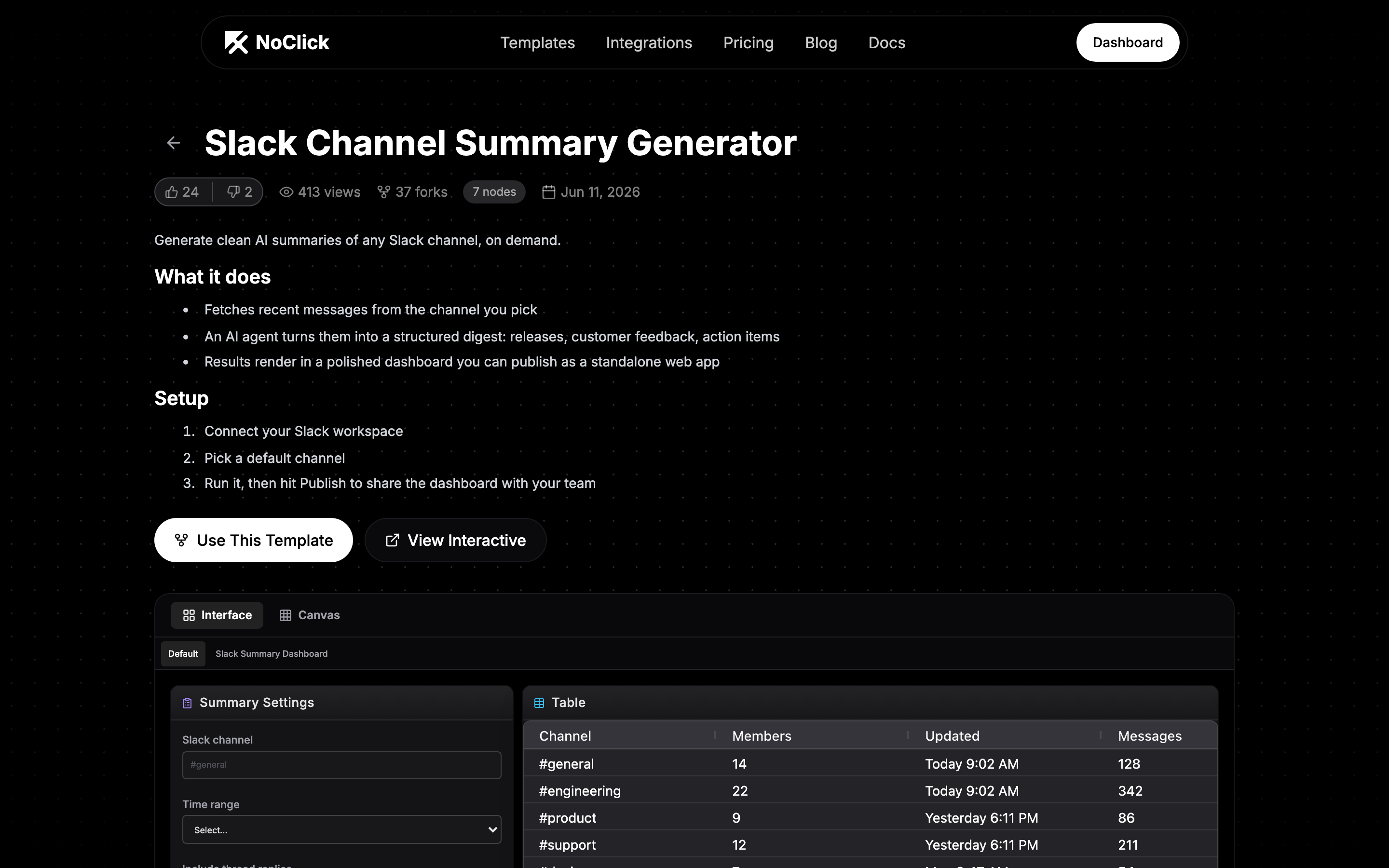 Template detail page with description, vote buttons, and preview