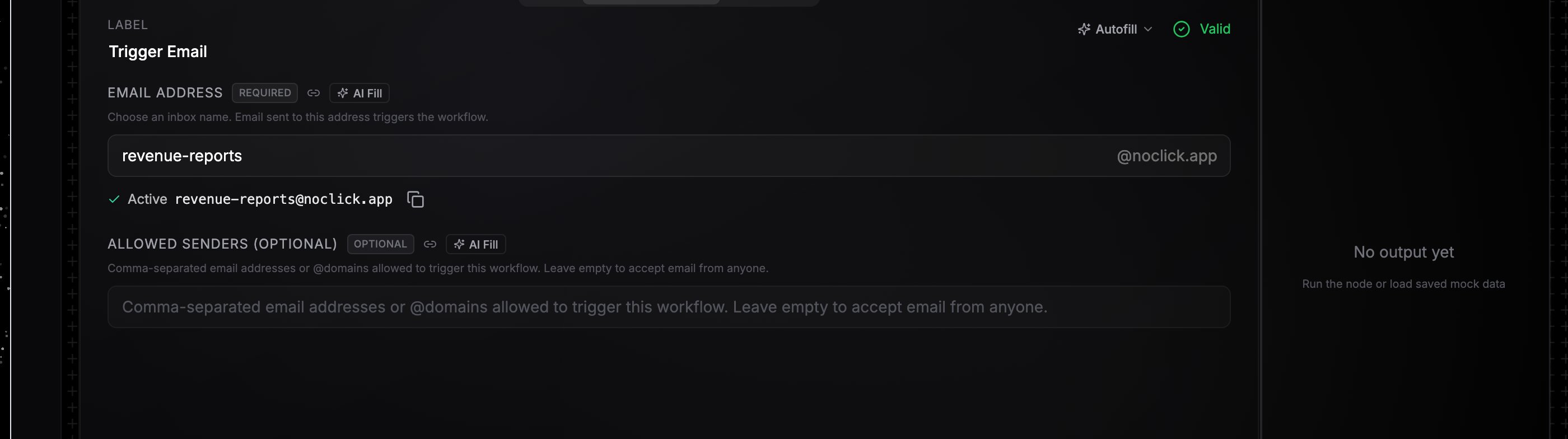 Inbound email trigger node configuration with reserved address