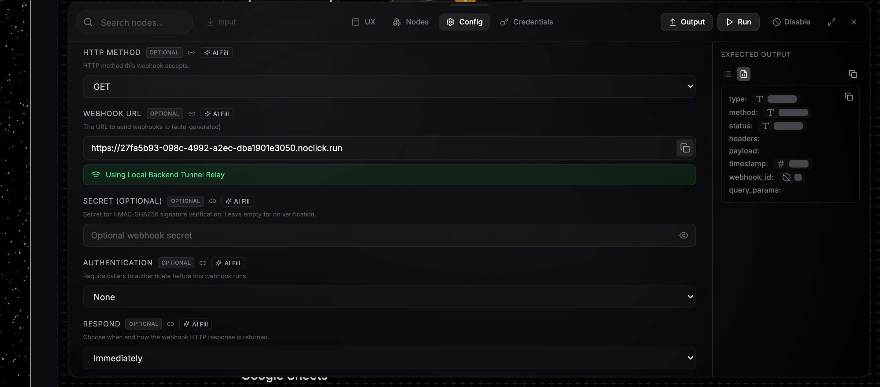 Webhook trigger node configuration showing the webhook URL