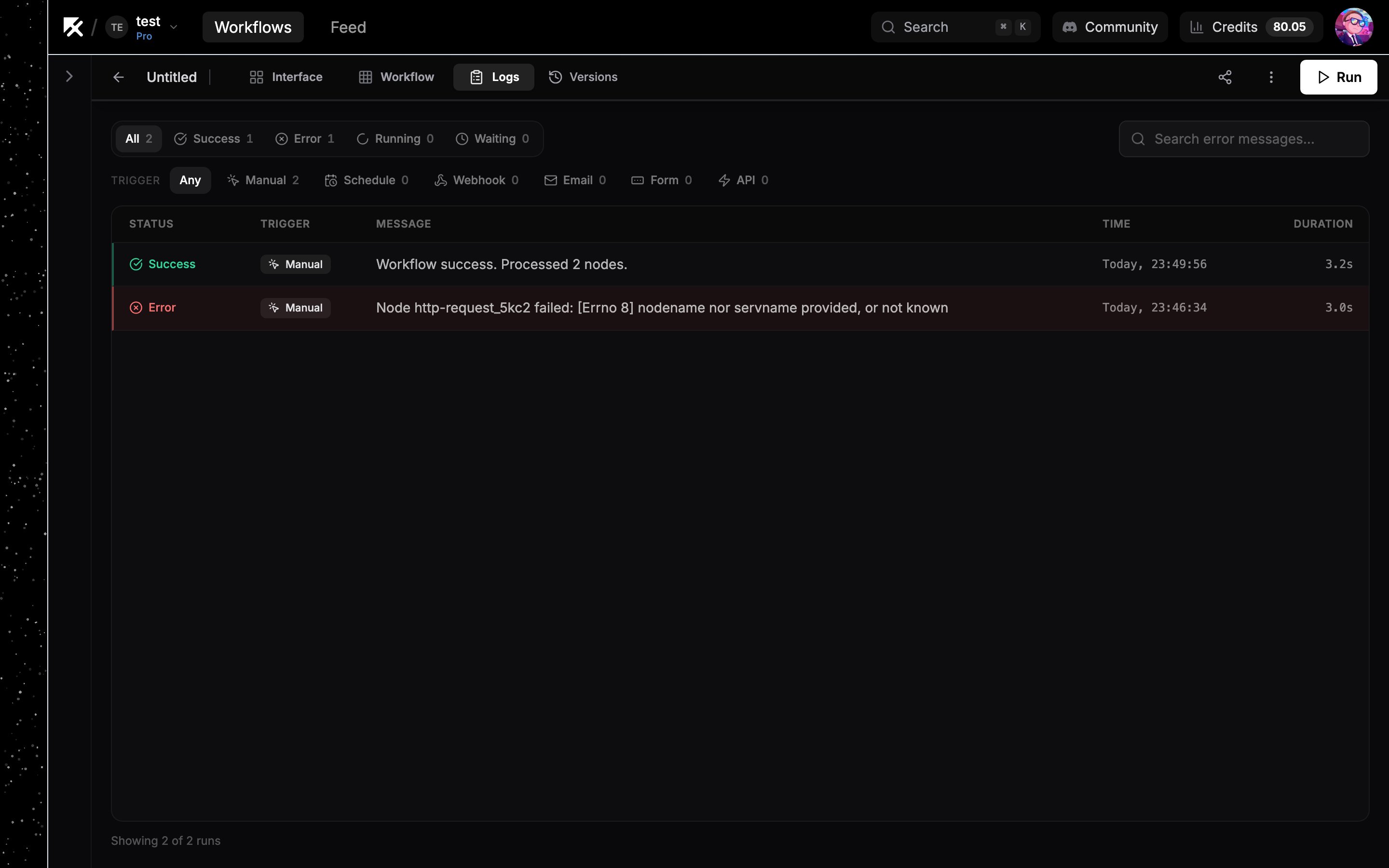 Logs tab showing an Error run row