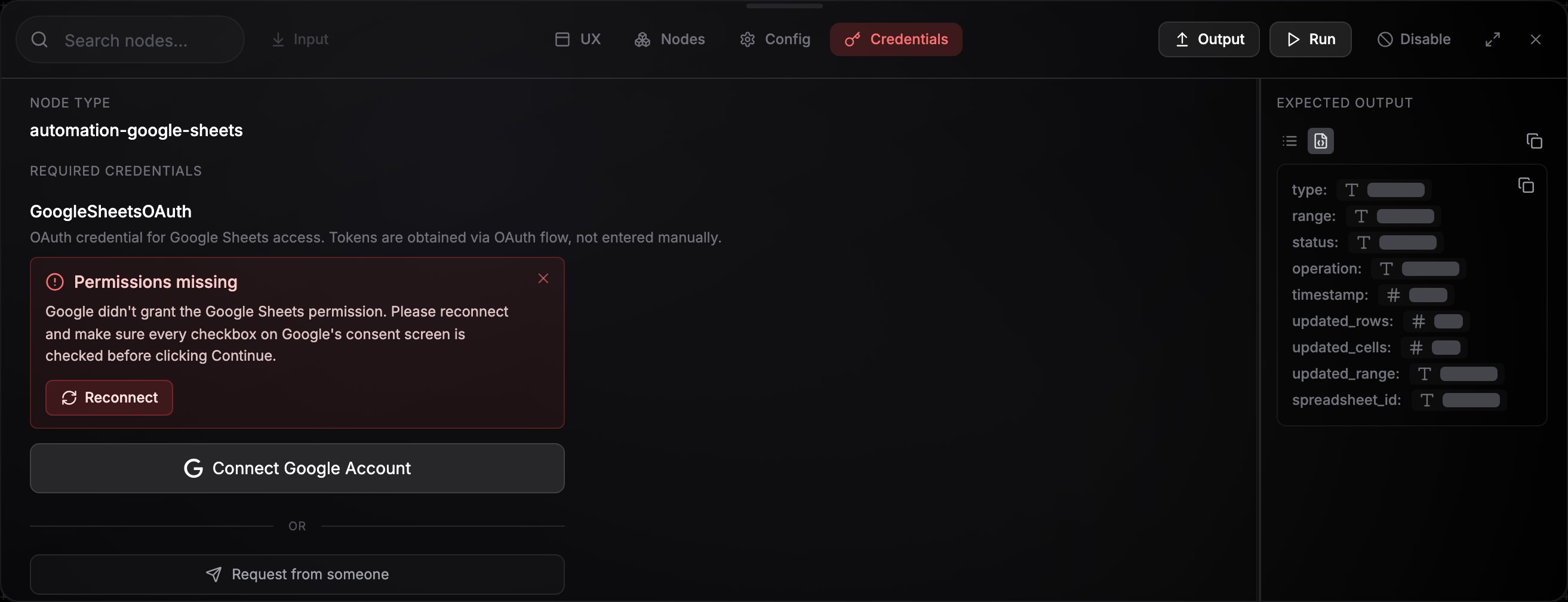 OAuth error panel on a node's Credentials tab