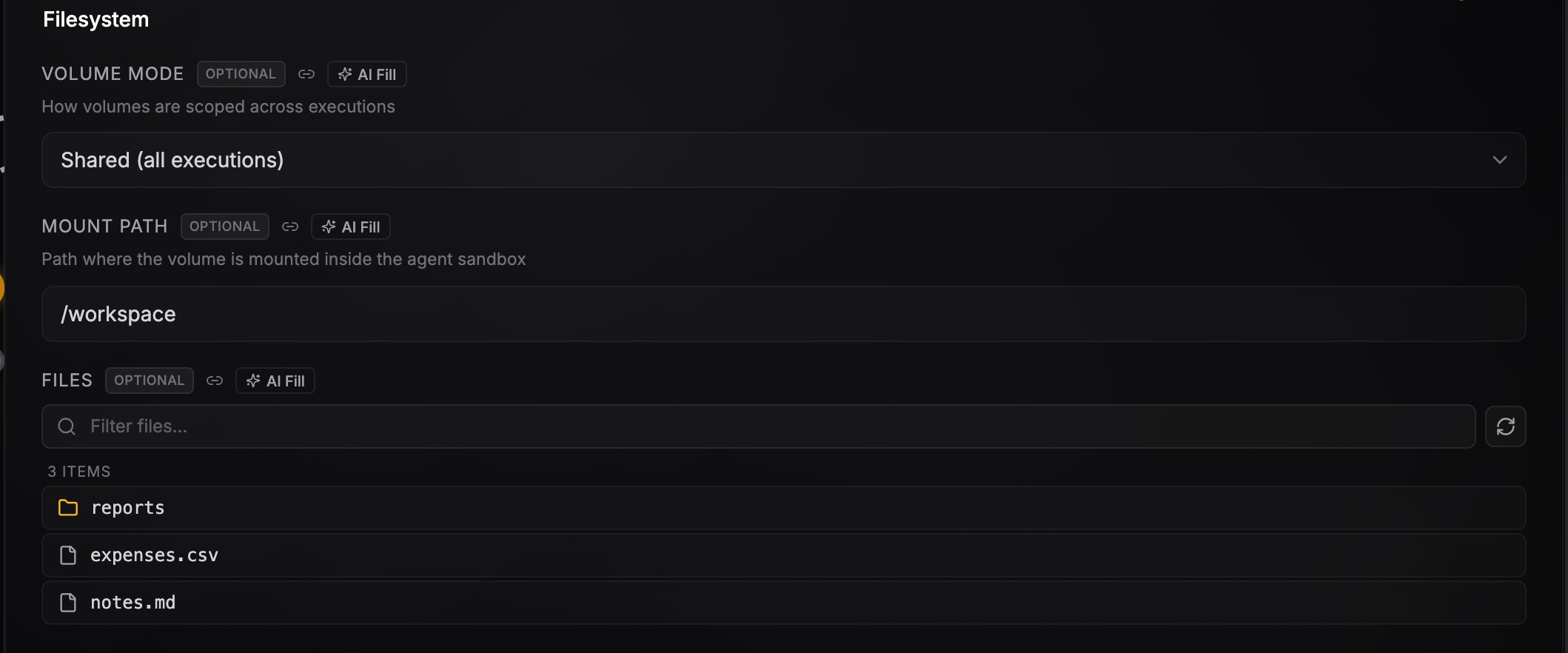 Filesystem node configuration panel
