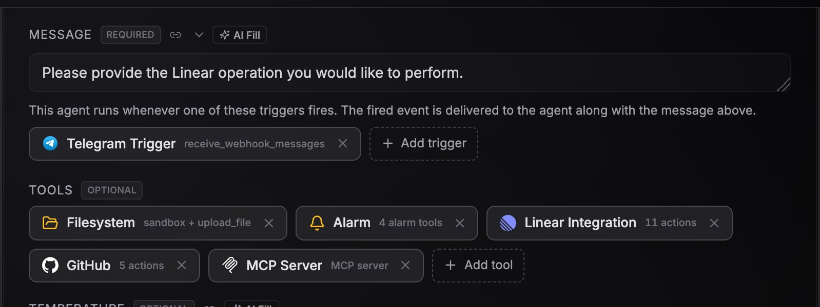 Agent configuration panel with triggers and tools