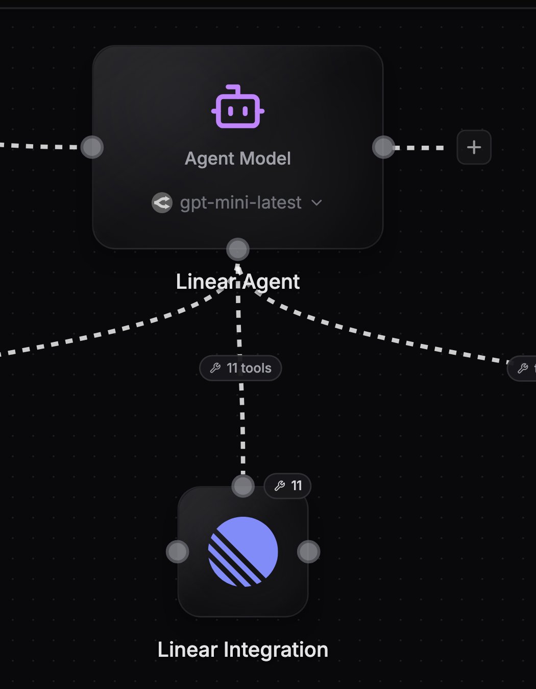 Edge from an integration node's top handle into the agent's bottom handle