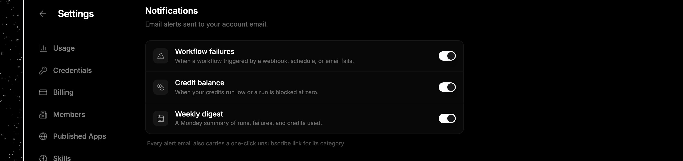 Notification settings panel showing toggles for workflow failures, credit balance, and weekly digest