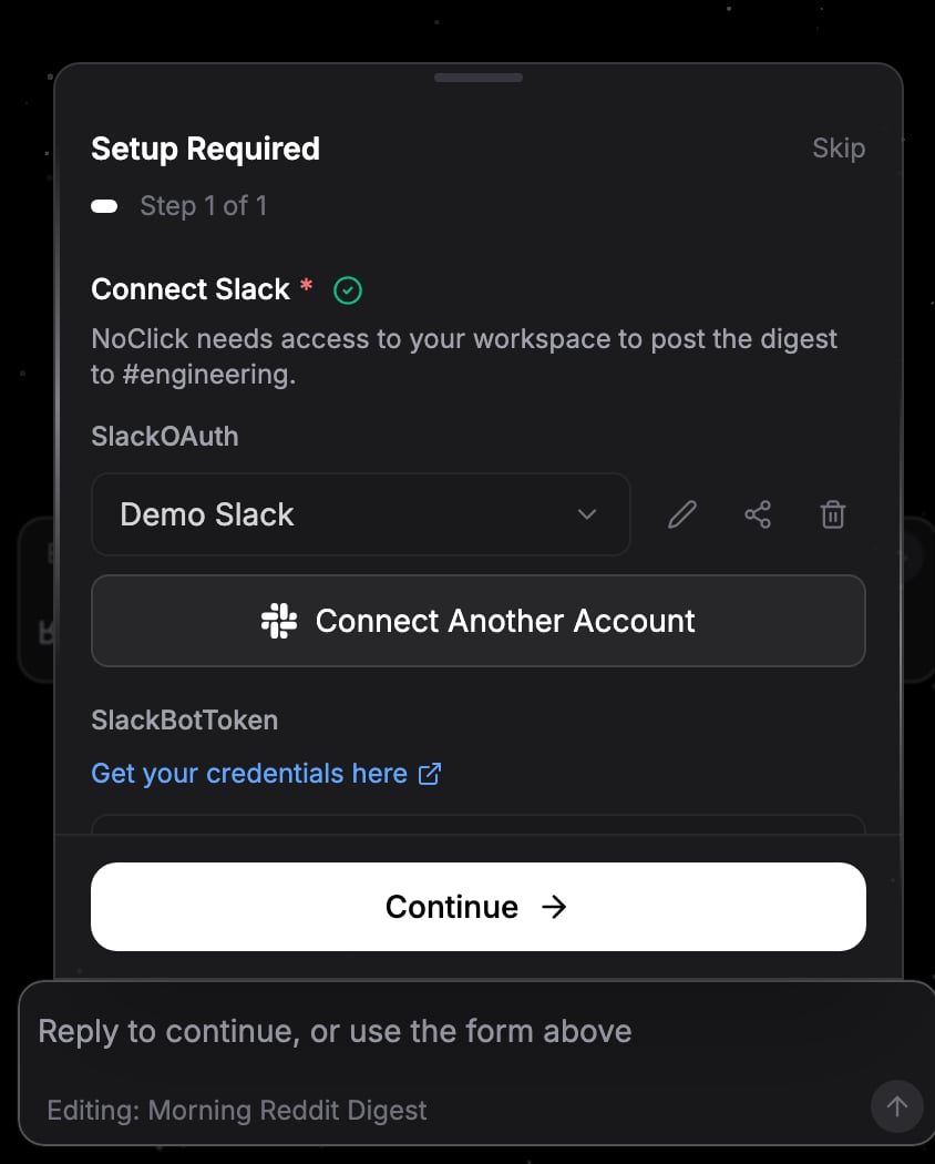 Builder ask form showing an inline credential connection step