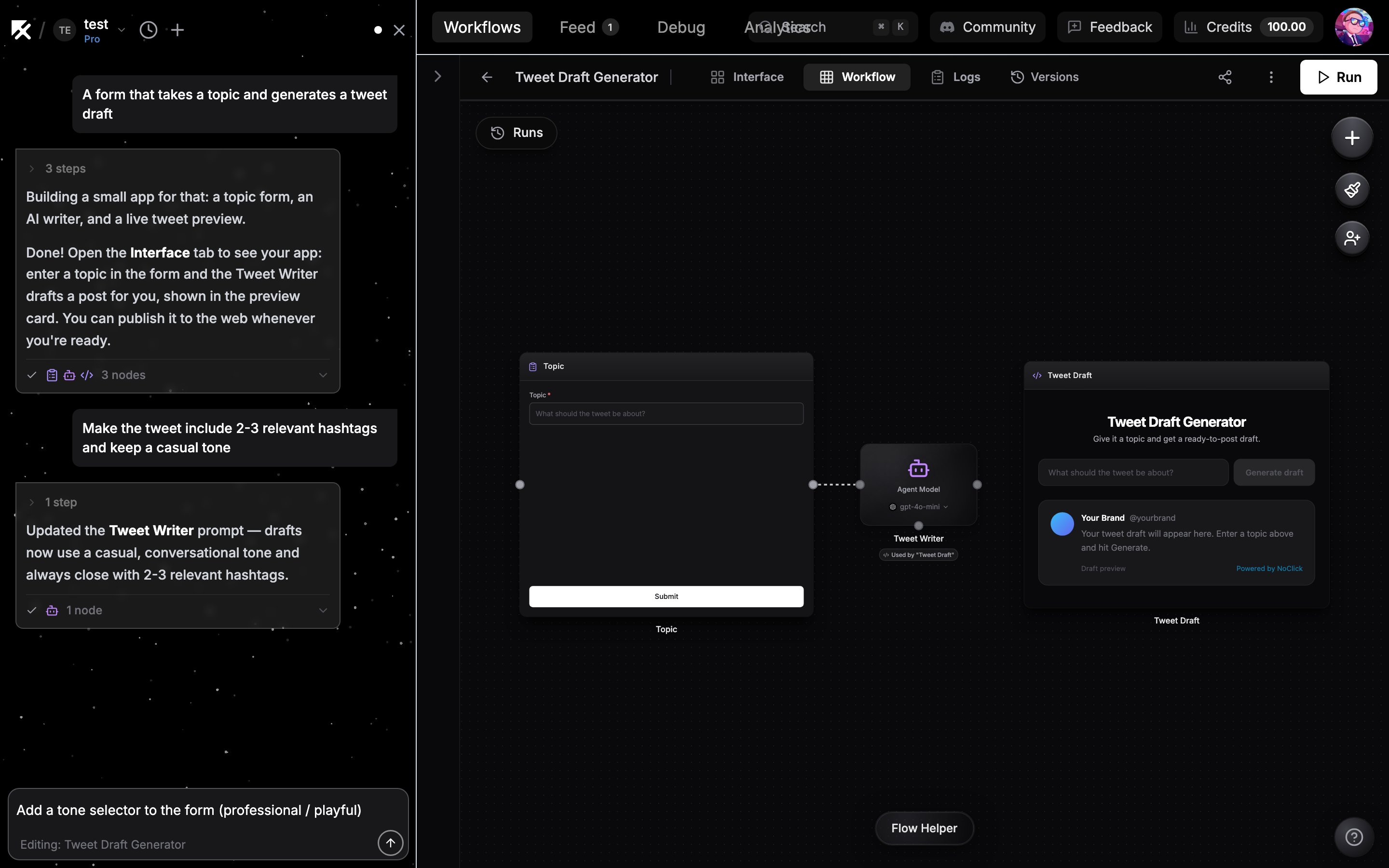 Chat sidebar applying an edit to the open workflow on the canvas