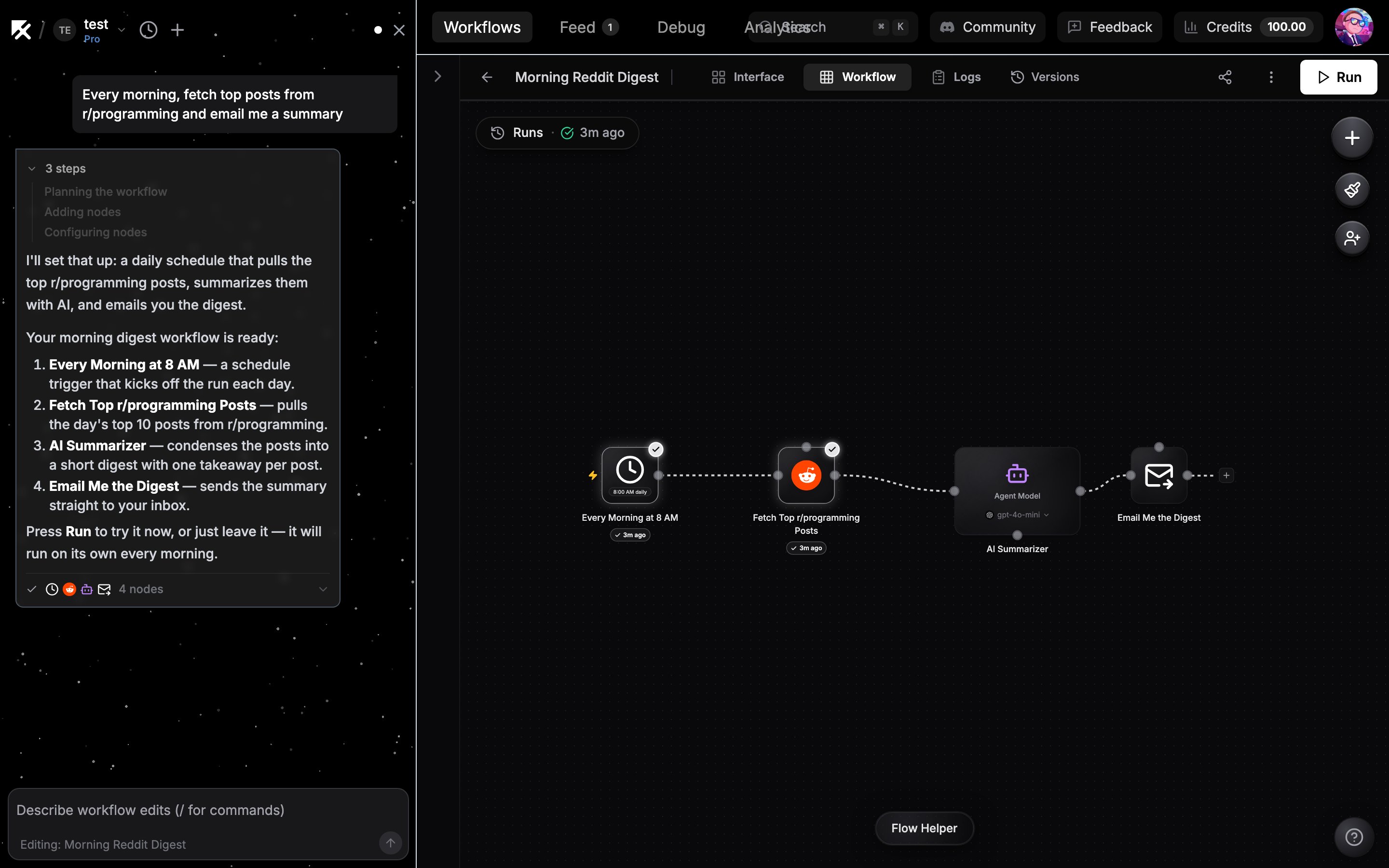 Chat sidebar with a build in progress next to the workflow canvas