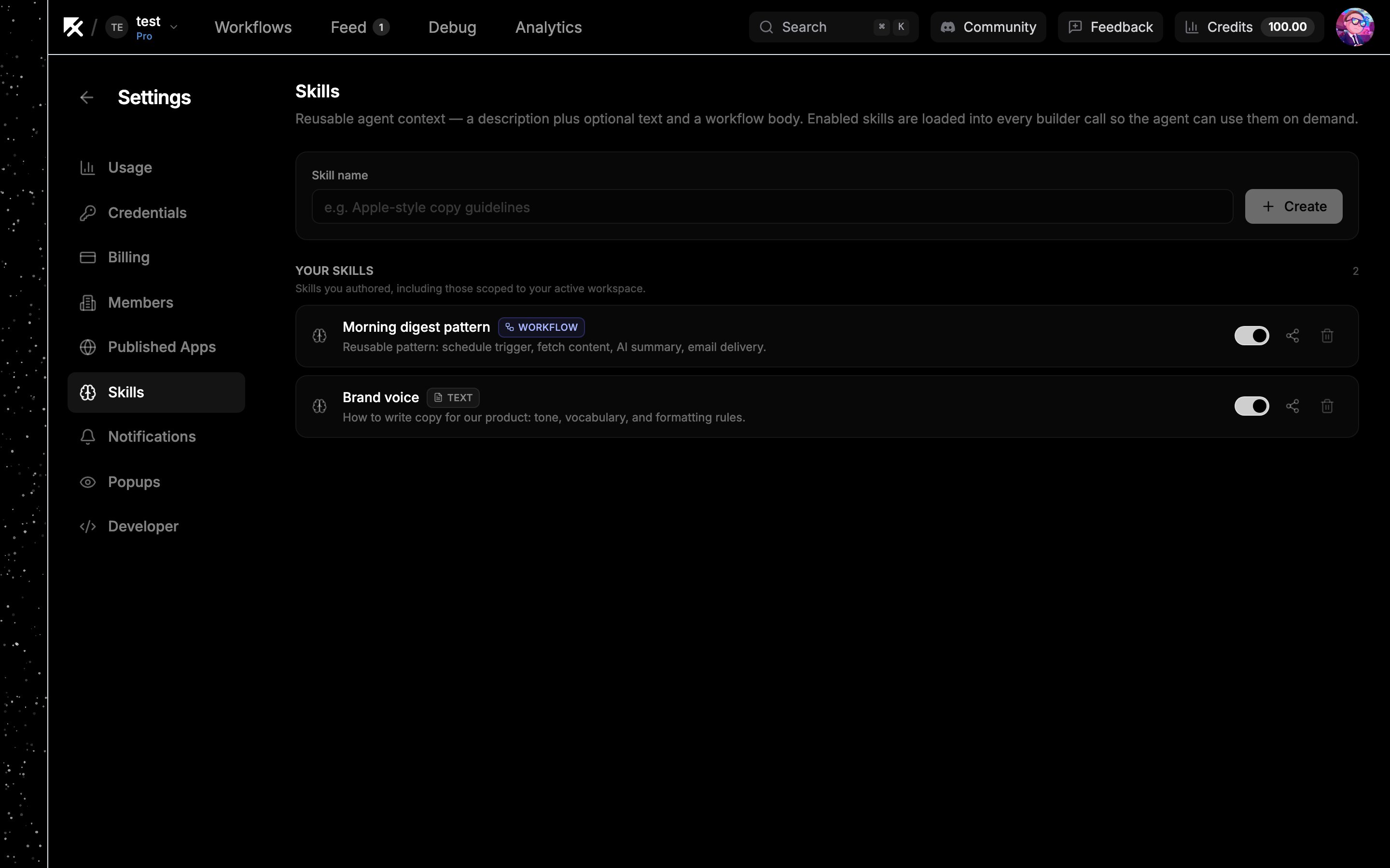 Settings page showing the Skills list with create form and toggles