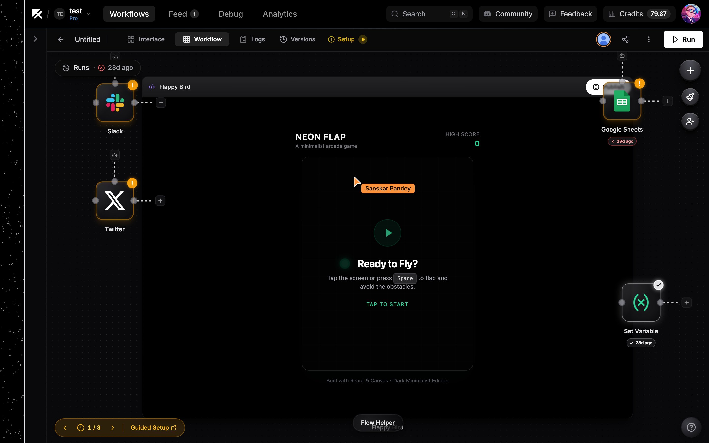 Workflow canvas with collaborator avatars next to the Run button and a colored, named cursor