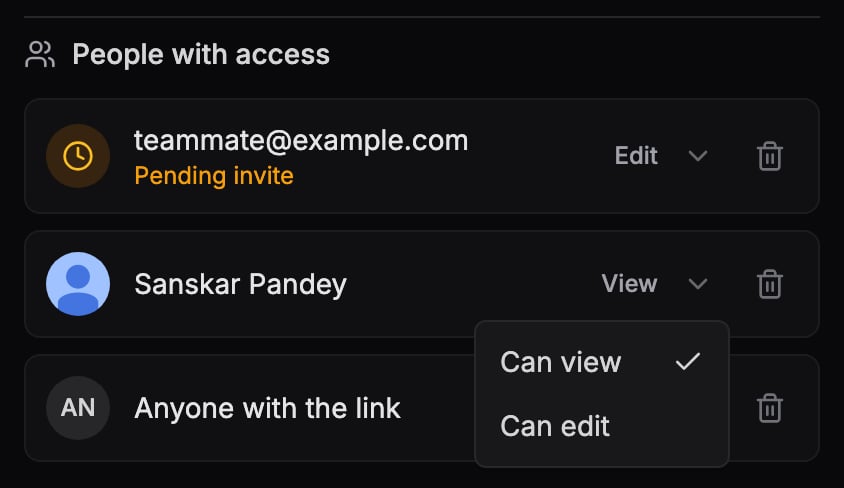 Share dialog access list with permission dropdowns and a pending invite entry