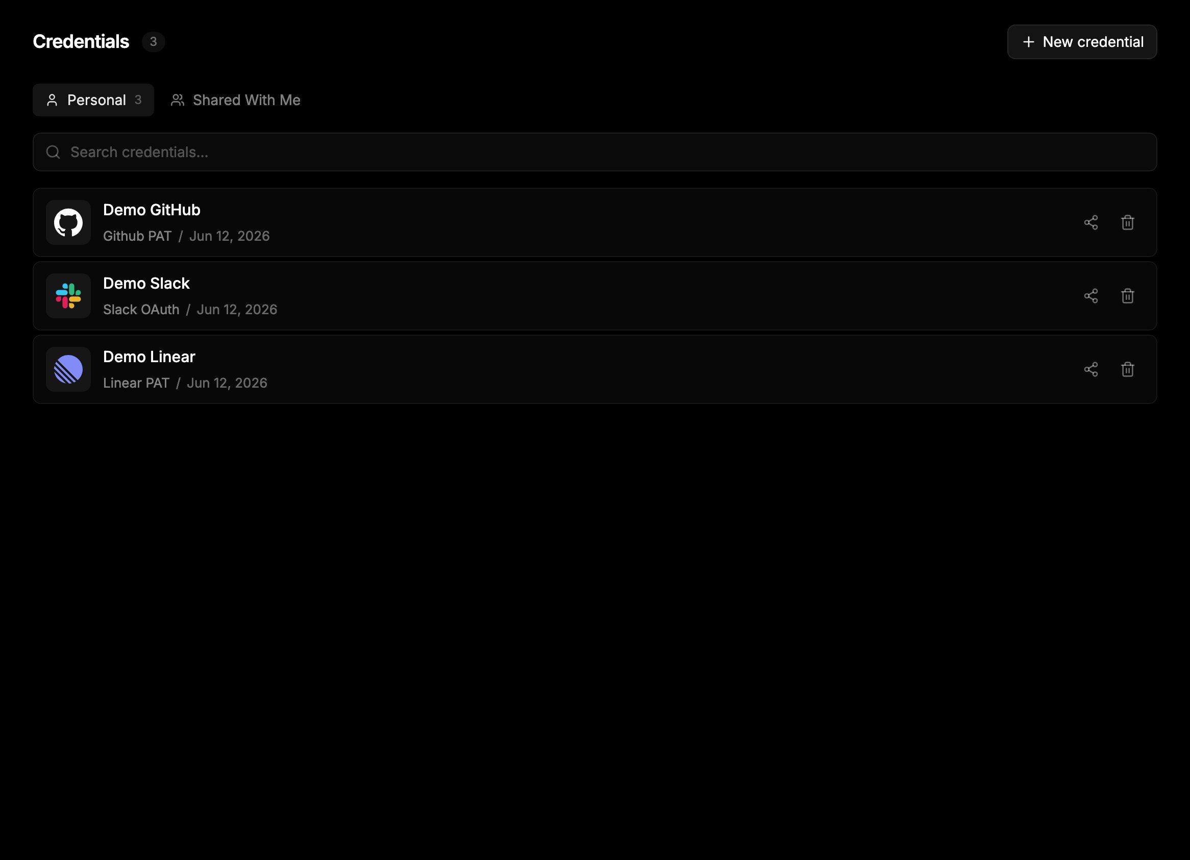 Credentials settings page with personal and shared tabs