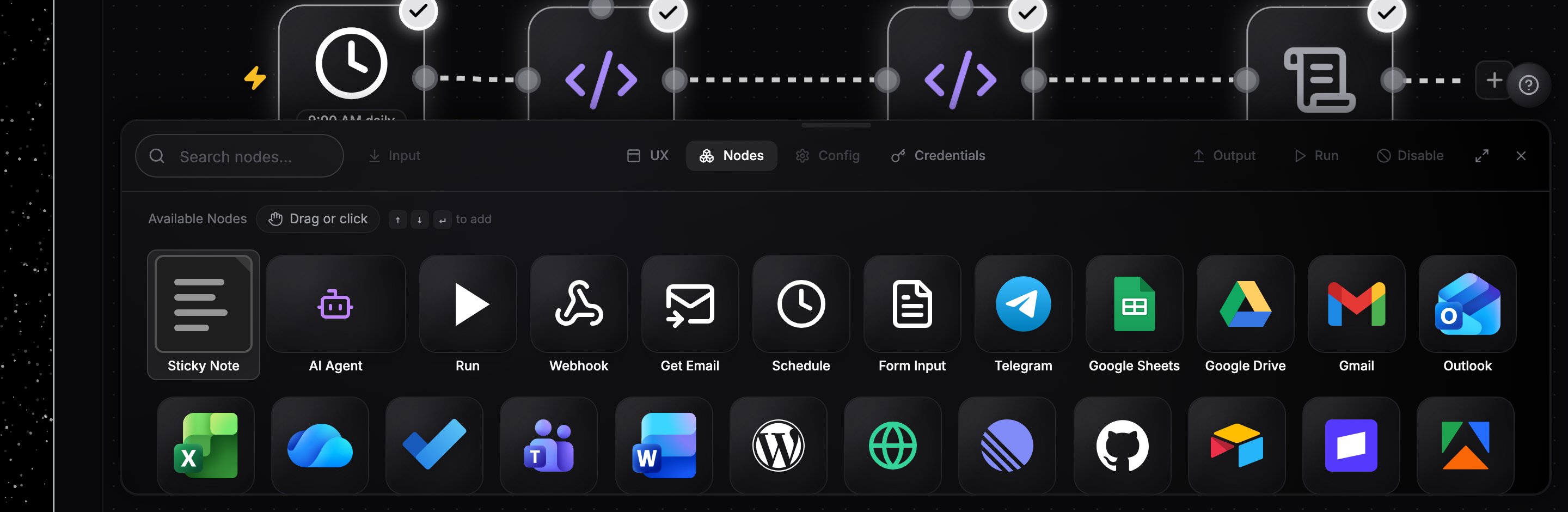 Node palette with search and node tiles