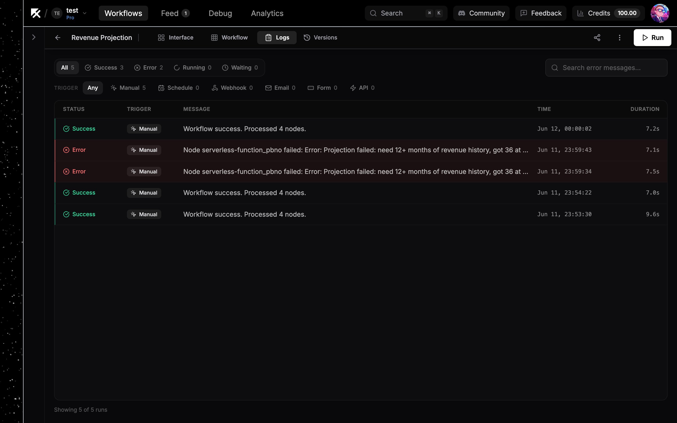 Execution logs list with filters