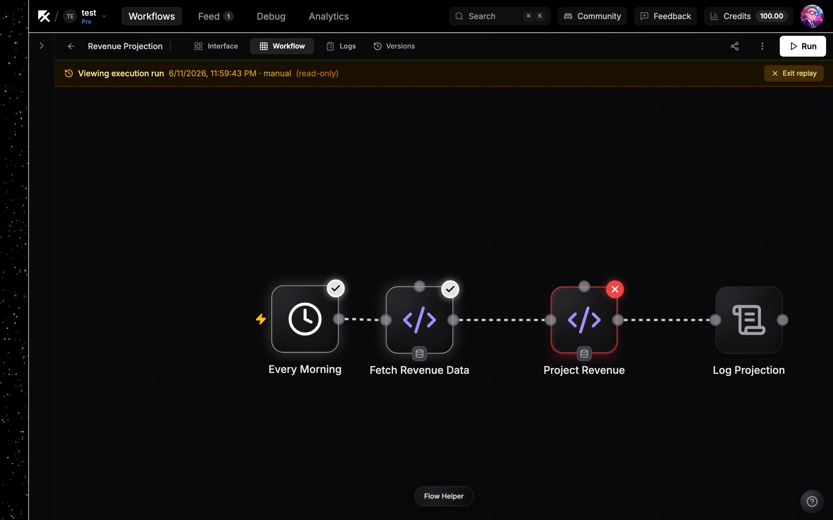 Replay mode with the amber banner and node result rings