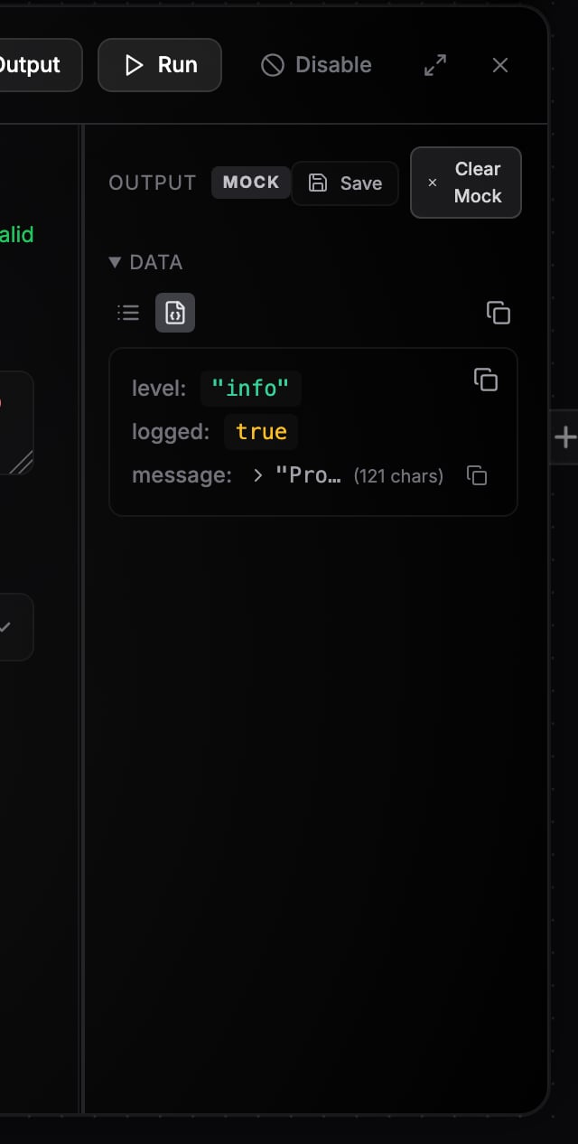 Output panel showing node results