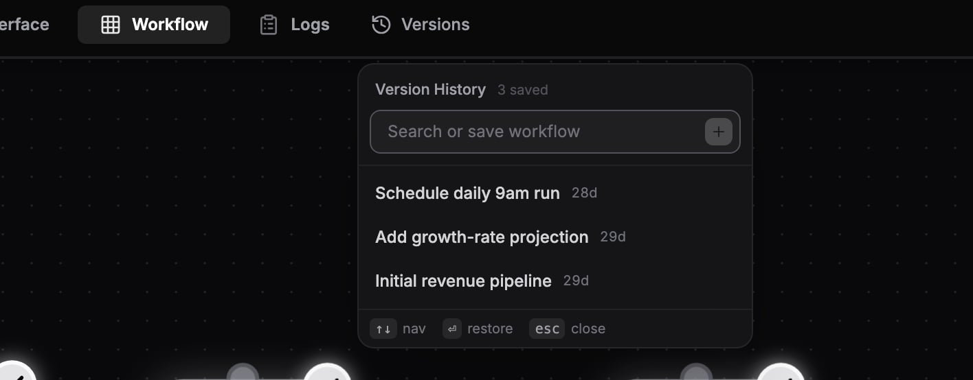 Versions popover with the save input and snapshot list