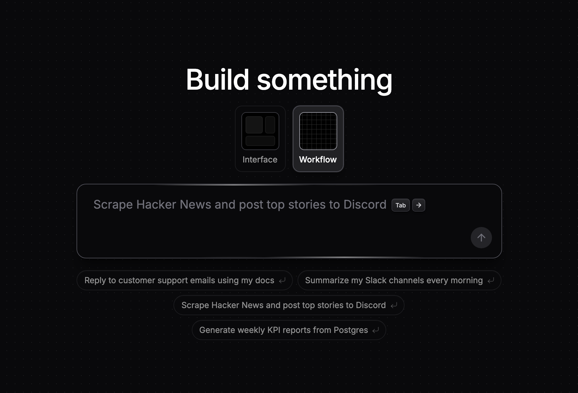 An empty NoClick canvas with the Build something prompt, Interface and Workflow modes, and example prompts