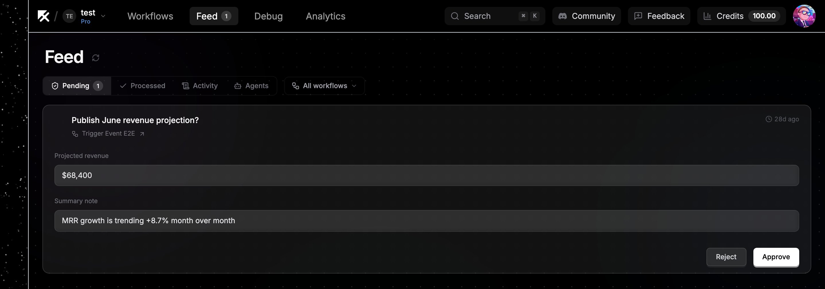 Feed tab showing a pending approval request card