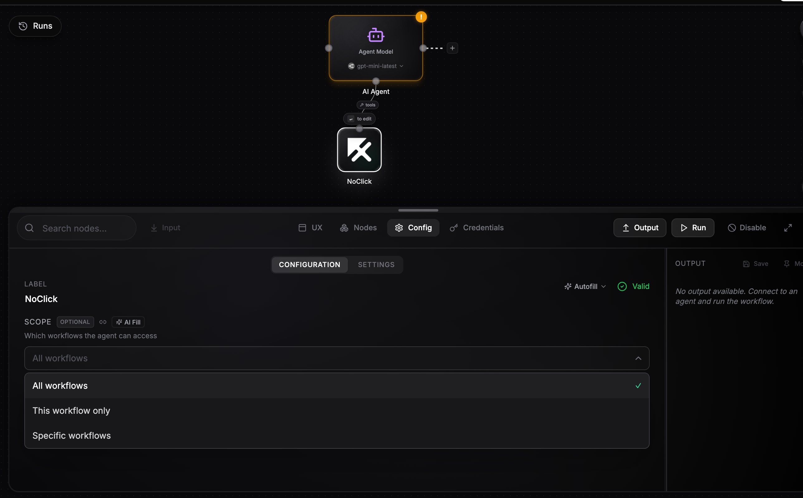NoClick node wired into an agent with the scope dropdown visible