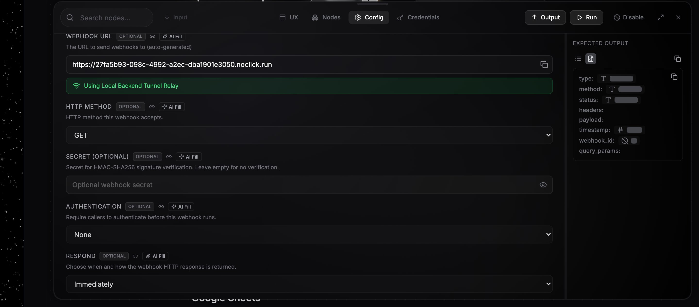 Webhook trigger node configuration showing the webhook URL