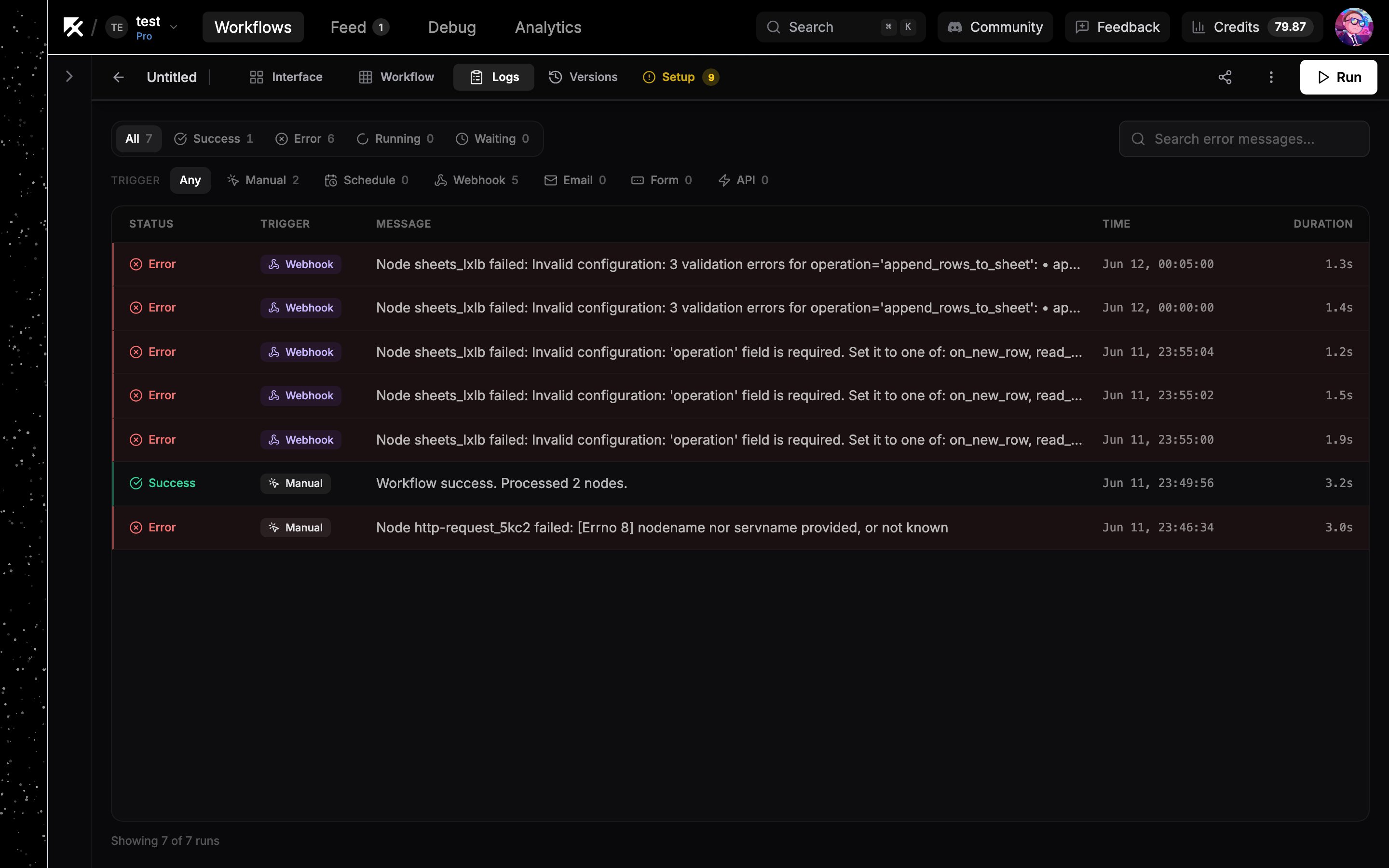Logs tab showing an Error run row