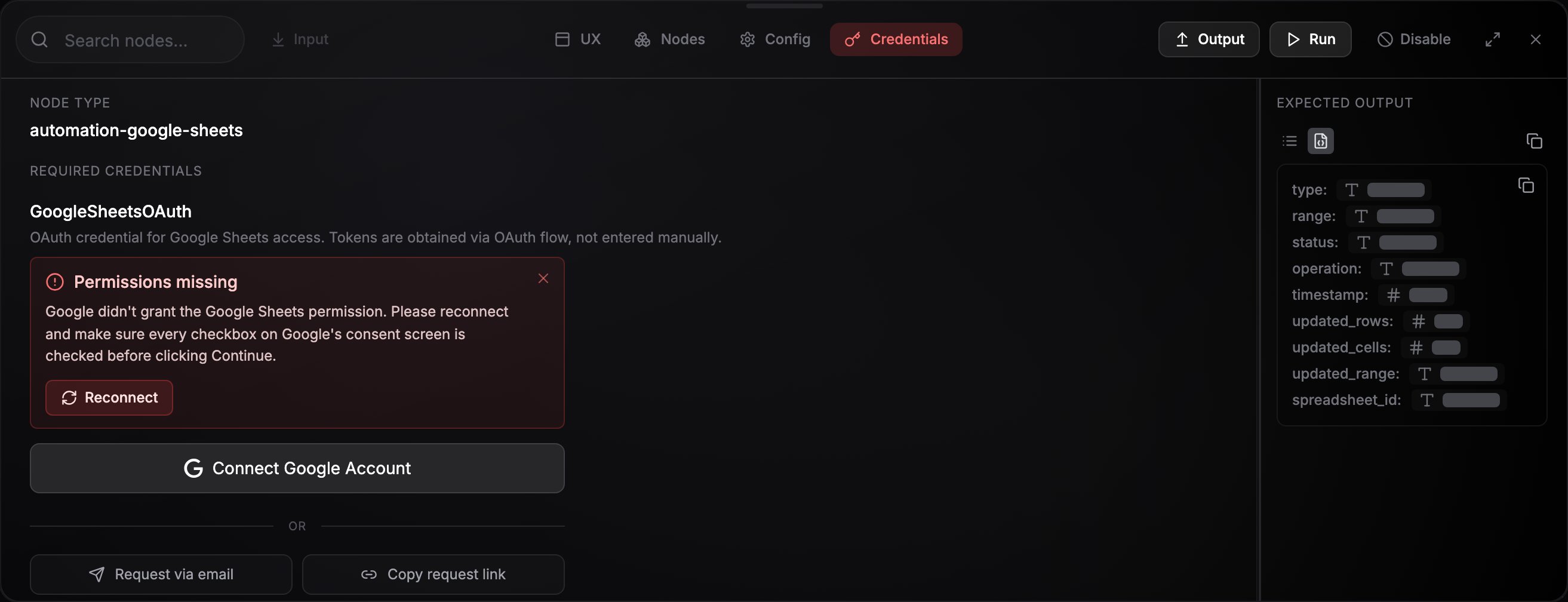 OAuth error panel on a node's Credentials tab