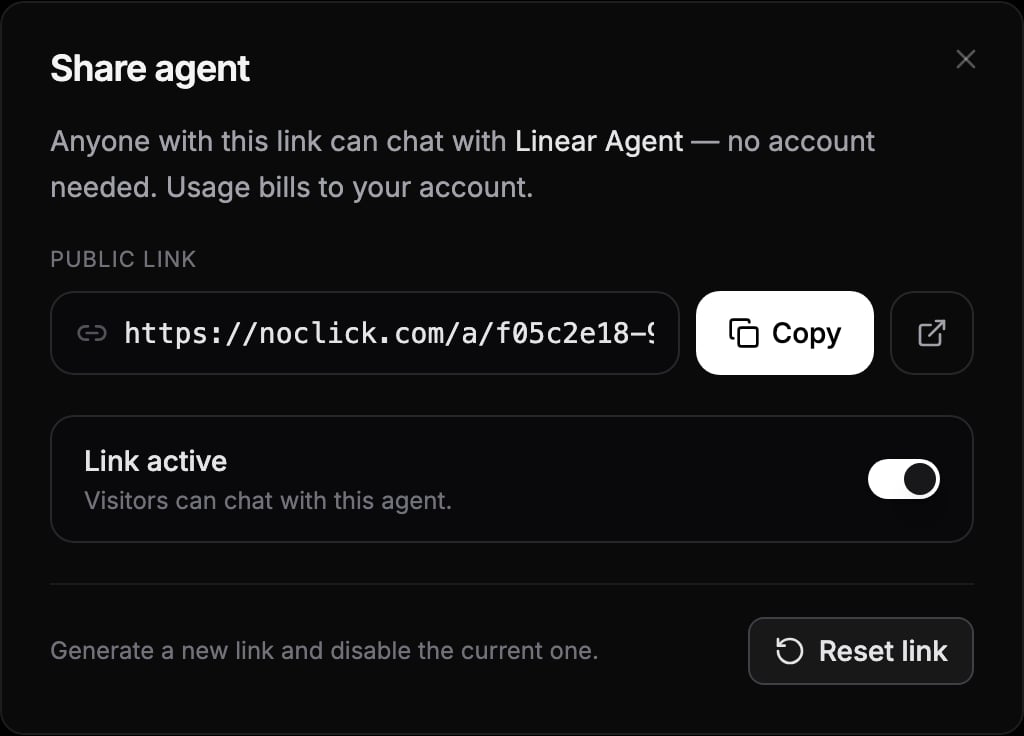 Share agent dialog showing the public link with a Copy button, the Link active toggle, and Reset link