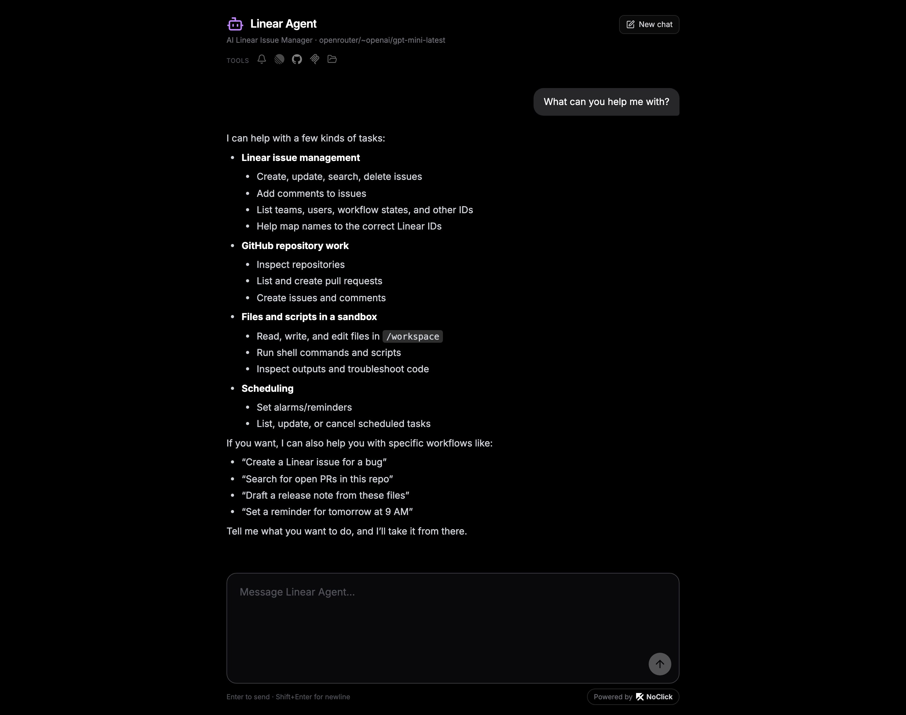 Public agent chat page showing the agent's name, its tools row, a conversation, and the message box with the Powered by NoClick badge