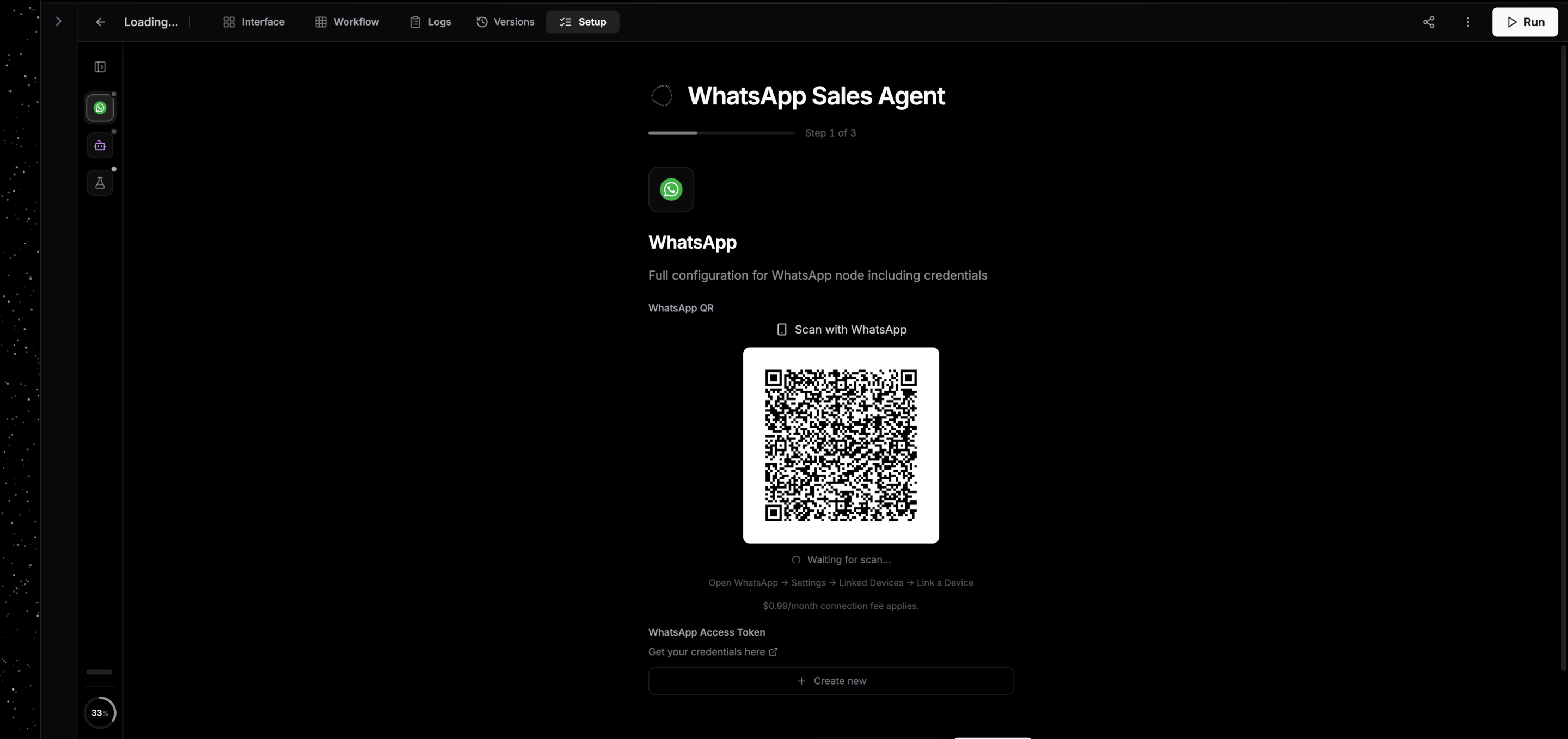 The Setup tab showing its step rail, progress, and an active WhatsApp credential step