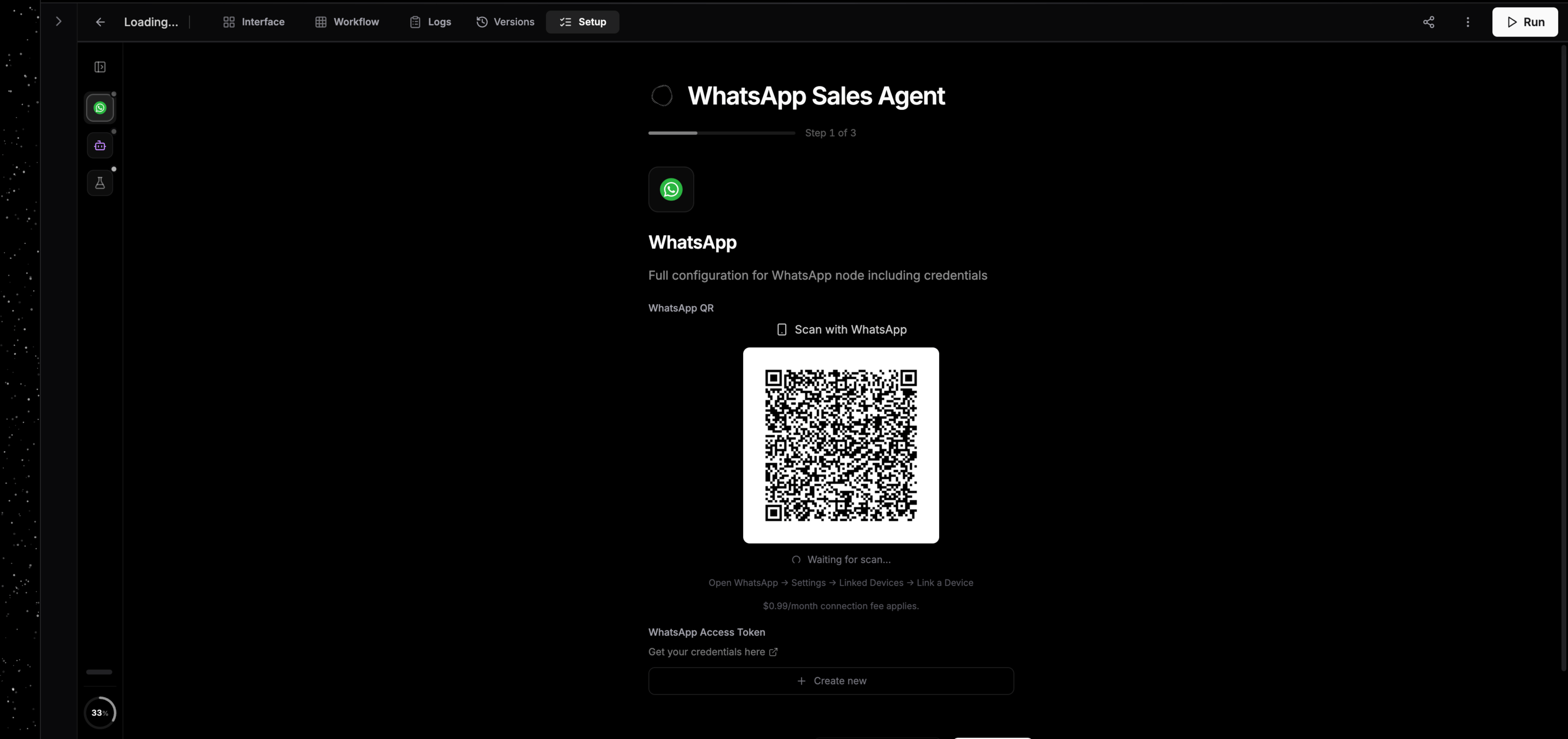 The Setup tab showing its step rail, progress, and an active WhatsApp credential step