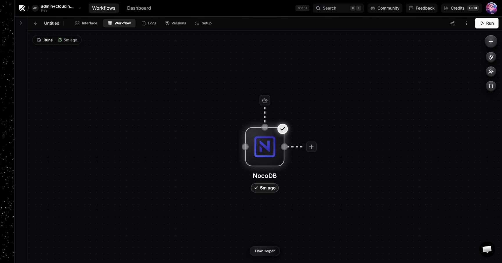 NocoDB node in the NoClick workflow canvas