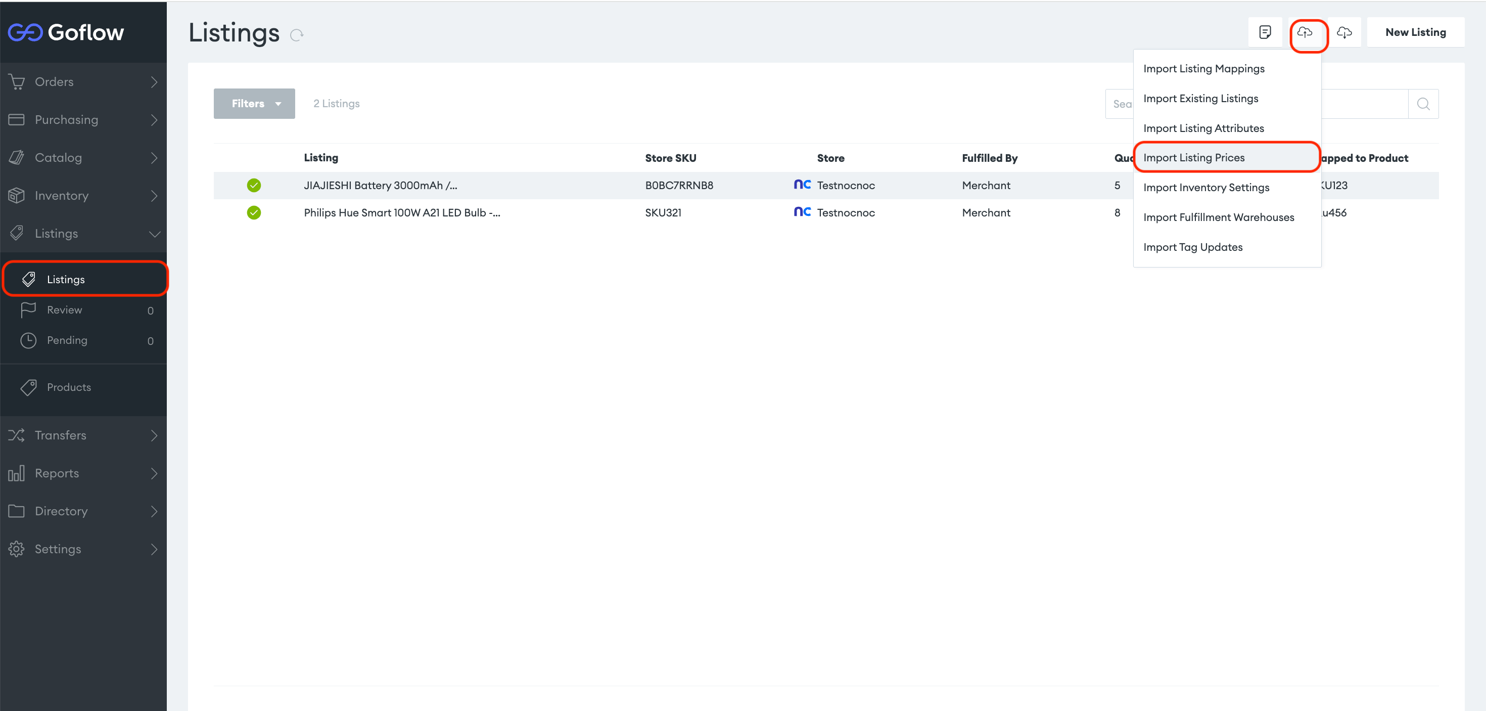 Import Listing Prices option