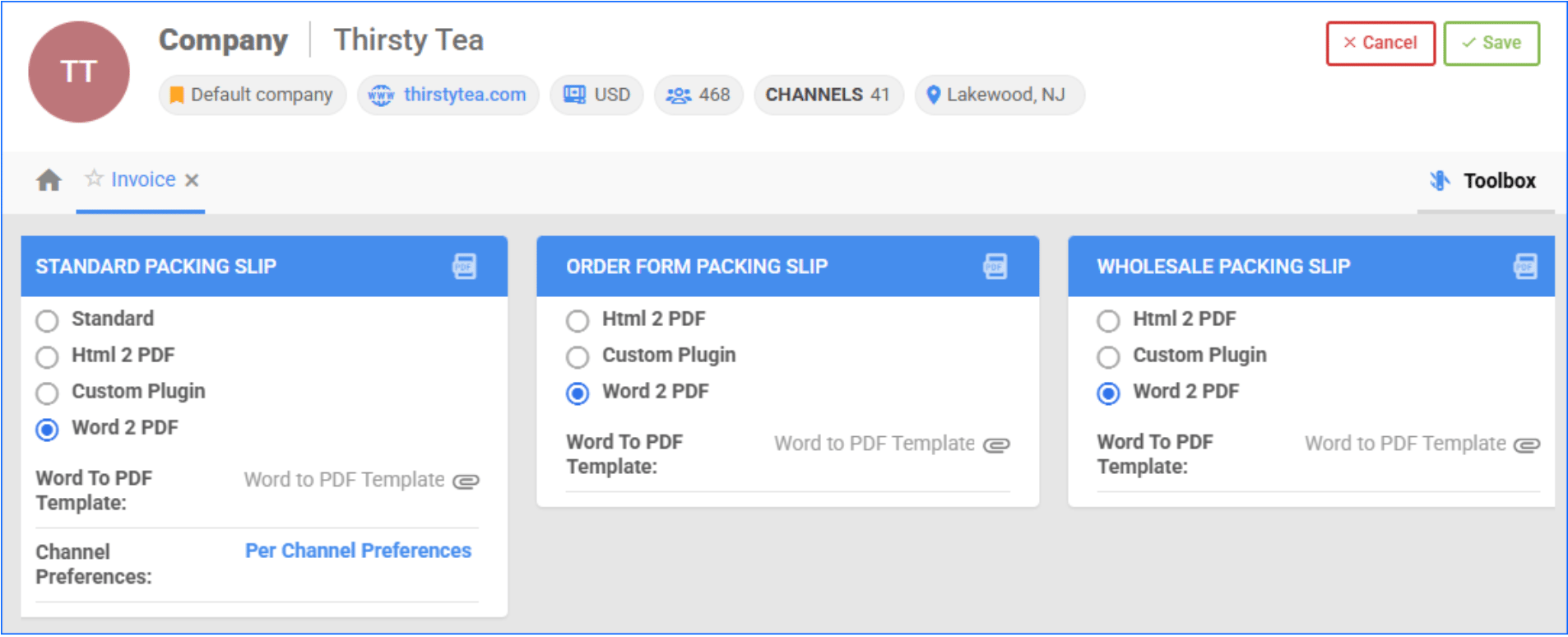 Invoice Settings — Word2PDF selected on all three panels