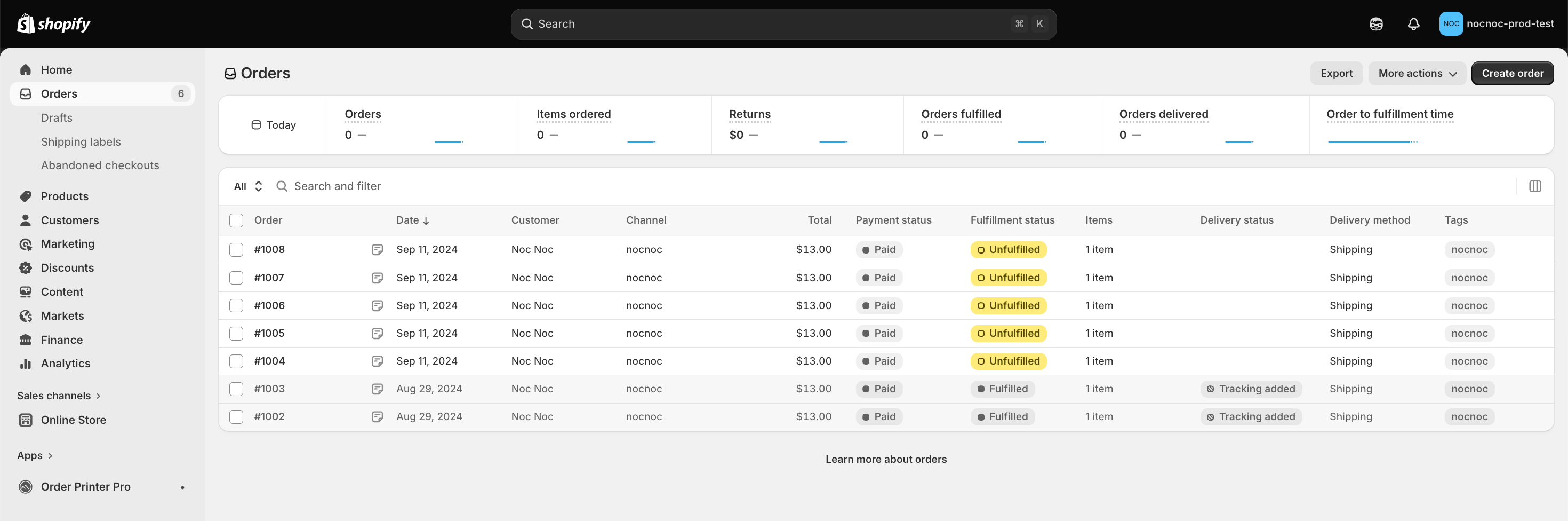 Shopify Orders panel — nocnoc orders appear alongside your existing orders