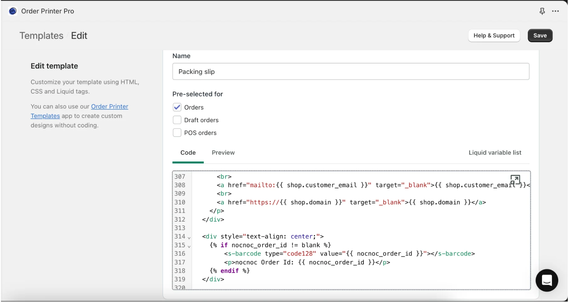 Barcode code in template editor