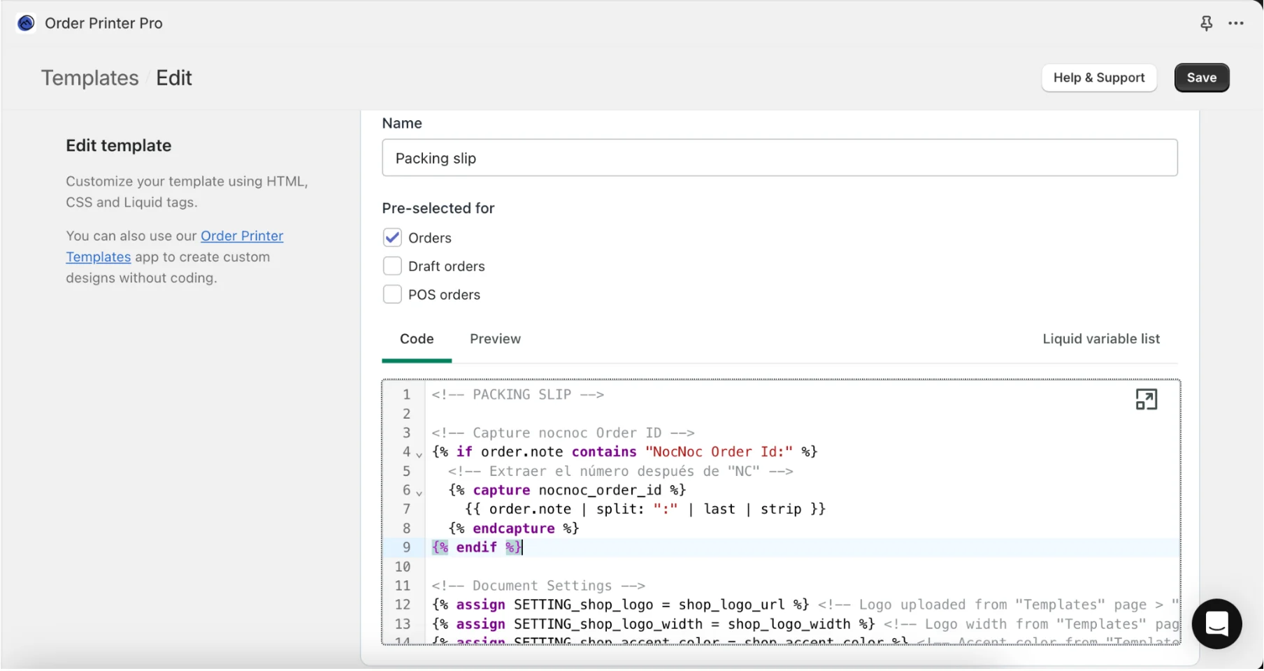 Capture code in template editor